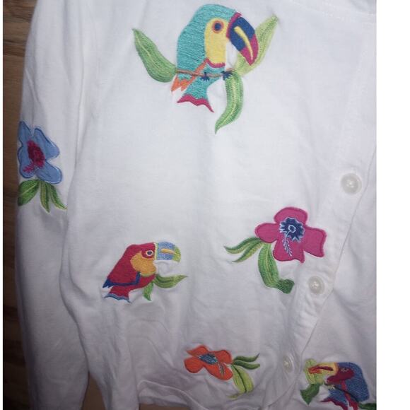 Women's VTG Emma Tricot Parrot Bird Cardigan XL Embroidered Tropical Resortwear - Picture 3 of 3